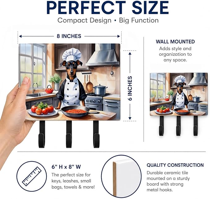 Caroline's Treasures Manchester Terrier The Chef Leash or Key Holder Wall Hooks, Key Hooks Holder, Coat Rack Wall Mount, Coat Hooks, Hooks for Hanging Keys, Towels, Aprons, Leashes | Manchester Terrier The Chef artwork on ceramic tile with three steel ...