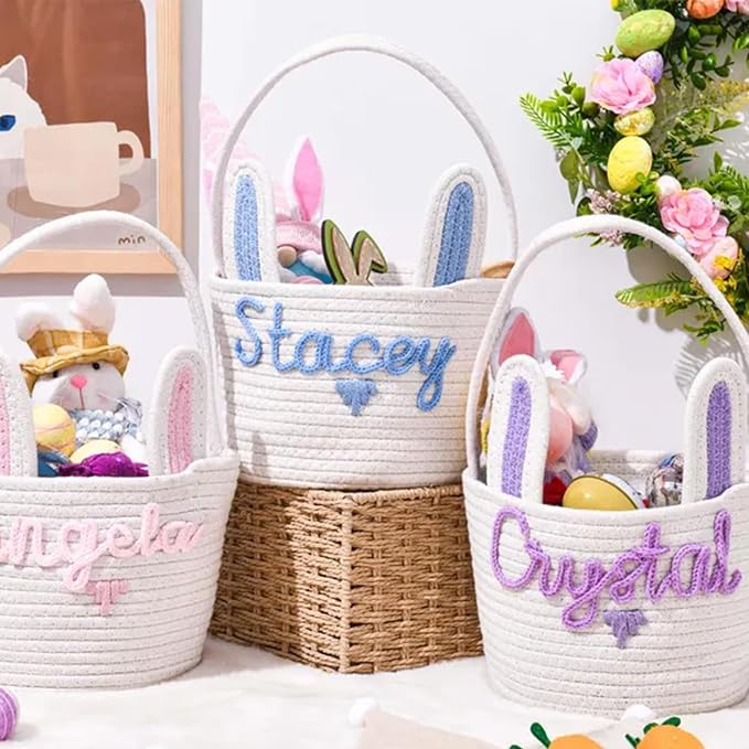 Personalized Cute Small Woven Basket with Handles, Custom Cotton Rope Room Shelf Storage Basket, Empty Decorative Gift Basket, Decorative Round Bin for Nursery Bedroom Bathroom (Style G)