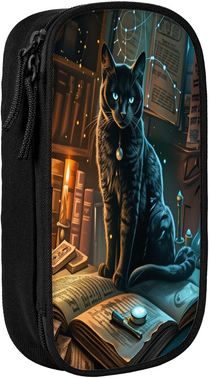 Cute Black Cat Pencil Pouch, Oxford Cloth Pen Case With Double Zipper Compartments, Portable Stationery Organizer For Office Supplies, Travel Accessories Makeup Items
