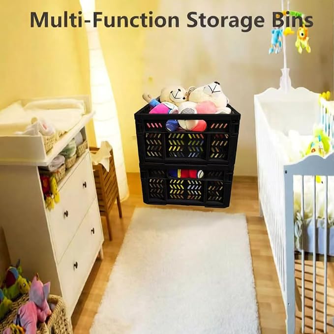 4-Pack 20L Foldable Storage Crates, Heavy Duty Plastic Milk Crates for Storage, Multi-Purpose Collapsible Basket with Handle Suitable for home, office storage, Halloween, Christmas party, Black