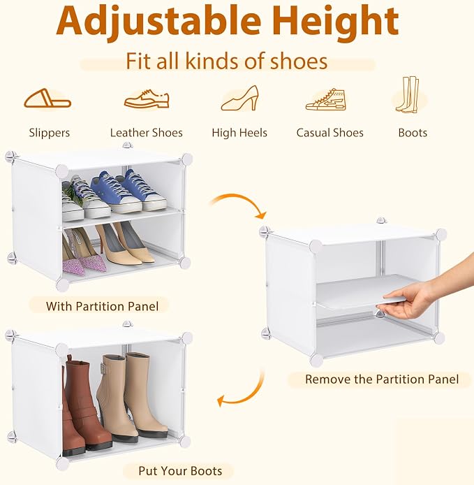 GOFLAME Portable Shoe Rack Organizer, 48 Pairs Expandable Modular Shoe Storage Cabinet with Doors, Adjustable Panels, 8-Tier DIY Shoe Shelves for Closet, Hallway, Entryway, Easy Assembly, White