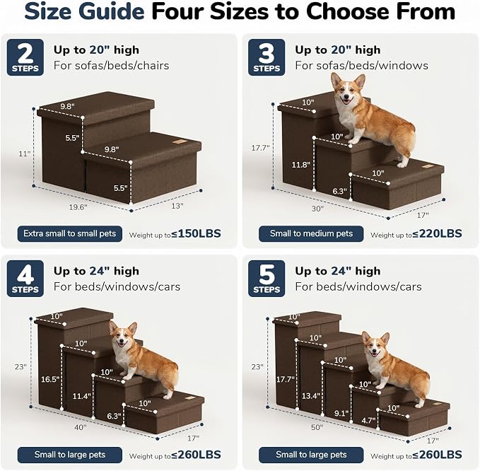 4-Step Wide Dog Stairs with Storage 23" H, Non-Slip Sturdy Pet Steps for High Bed Couch Window, Pet Stairs for Small/Medium/Large Old Dogs Cats Up to 220lbs, Cat Dog Steps for Car/SUV, Coffee