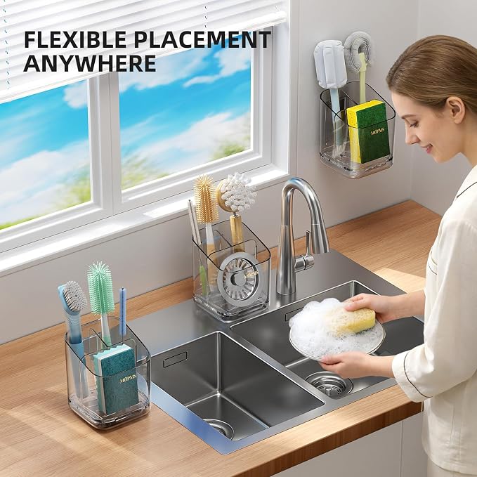 MOPMS Kitchen Sponge Holder with Drip Tray, Sink Caddy Organizer | Clear PET Kitchen Storage Rack Holds Brushes with Removable Divider, Durable Countertop Holder Space-Saving