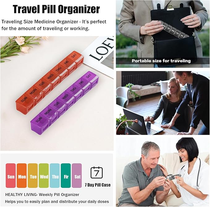 2 Pack Weekly Pill Organizer, Large 7 Day Travel Pill Case (Red & Purple) | Daily Vitamin Case Medicine Box, AM/PM Pill Containers Twice a Day for Medicine Supplements Fish Oil, Portable & Durable