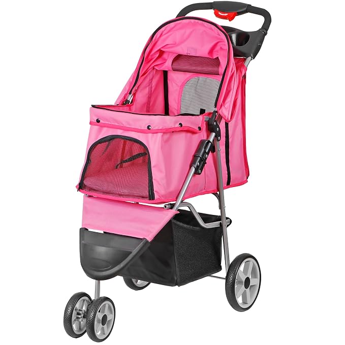 ZENY Pet Stroller for Small/Medium Dogs and Cats Foldable Dog Stroller | with 3 Wheels, Pet Strolling Cart, Dog Travel Carrier with Storage Basket, Cup Holder, Pink