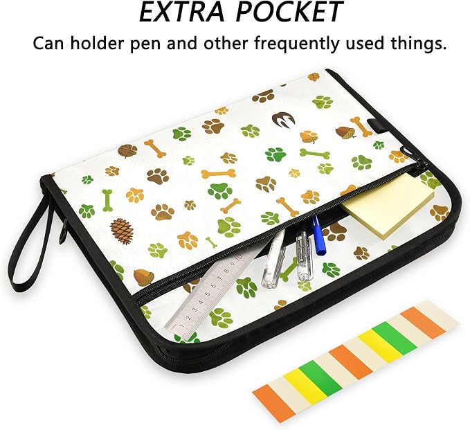Autumn Pet Paw Print Pattern Expanding File Folder with Sticky Labels, 13 Pockets Accordion File Folder Document Organizer Expandable Zip File Folder with Zipper Closure