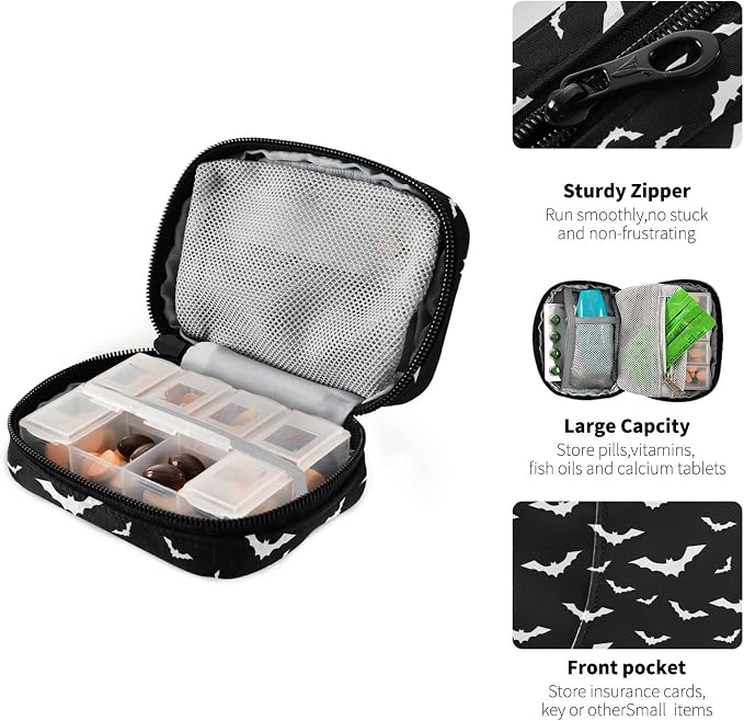 Halloween Bats Pill Case Portable Weekly Pill Box Bag Container 7 Days Pill Organizer Vitamin Supplement Holder with Zipper for Travel Family Business