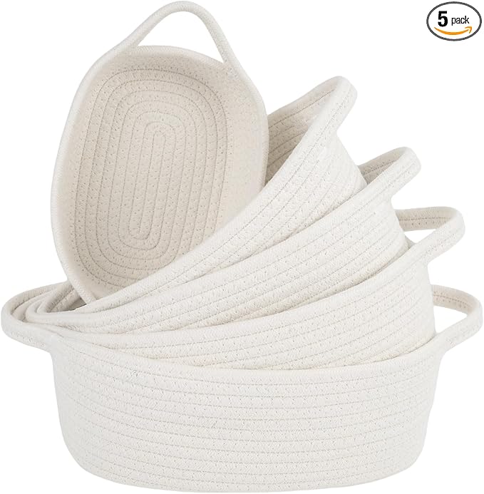 5-Piece Storage Shelf Basket Set, Natural Cotton Rope Woven Basket with Handles, Decorative Rectangle Organizer Bin for Home, Nursery, Montessori, Pet Toy Storage and Bathroom Organization, White
