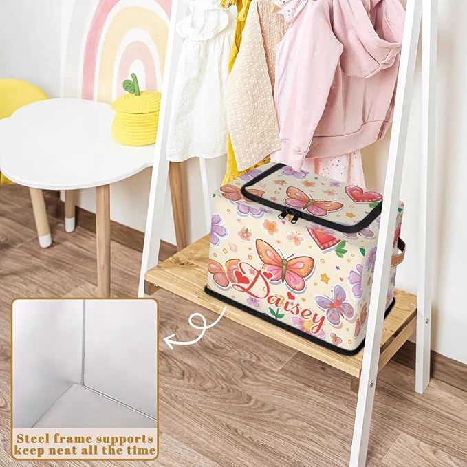 Custom Cute Butterfly Storage-Bin With Zipper Lid for Kids-Girls-Boys-Baby-Pet,Personalized Name Foldable Storage Box with Handle,Baby Basket With Label for Bedroom Nursery Toy Clothes,Light Yellow