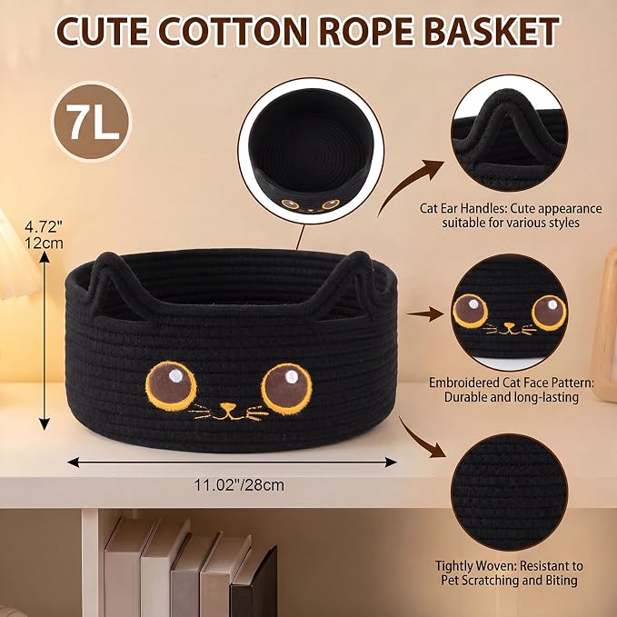Small Cotton Rope Halloween Basket, Black Cat Toy Basket for Living Room | Cute Decorative Dog Toy basket, Toy Bin for Baby, Pet, Gift Basket for Baby Shower , 11"×11"×4.7", Black
