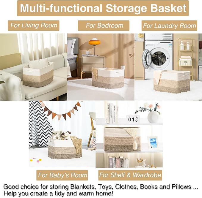ICERZCZ Large Rectangle Blanket Basket, Large Storage Basket for Organizing, Cotton Rope Woven Basket for Storage with Handles, Baby Nursery Living Room Bedroom, 22”x17”x12”, 75L