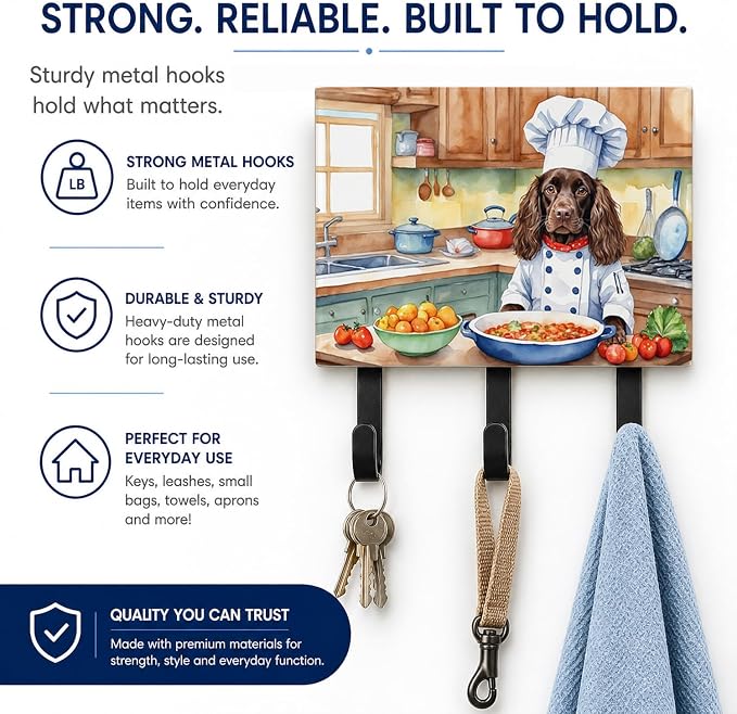 Caroline's Treasures Boykin Spaniel The Chef Leash or Key Holder Wall Hooks, Key Hooks Holder, Coat Rack Wall Mount, Coat Hooks, Hooks for Hanging Keys, Towels, Aprons, Leashes | Boykin Spaniel The Chef artwork on ceramic tile with three steel hooks fo...