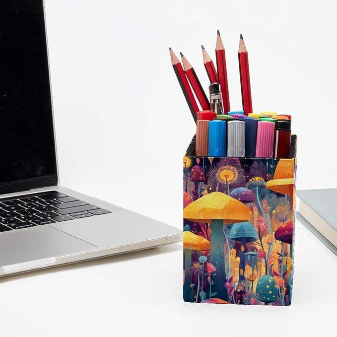 Mushroom Pen Holder for Desk Decor, Rectangular PVC Leather Pencil Cup for Desk Pen Organizer, Makeup Brush Holder for School, Home, Office