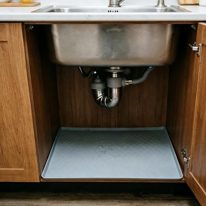Under Sink Mat, Silicone Waterproof Cabinet Liner 22 x 19 x 1 in, Large Spill Protection Drip Tray with 1 in Raised Edge, Easy to Clean Gray Shelf Liner for Kitchen, Bathroom, Utility Room