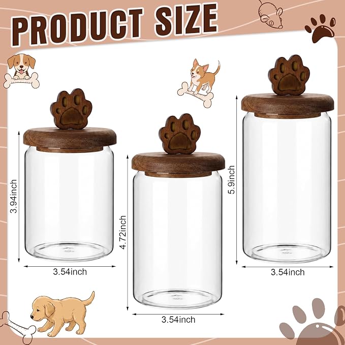 3 Pcs Glass Dog Treat Container, Cookie Jar with Wooden Lid, Paw | 3 Sizes, Airtight Pet Treat Storage Container, for Kitchen Counter, Treats Canister, Doggie Cookie, Pets