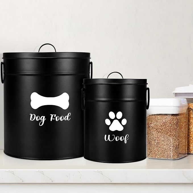 DoubleFill Extra Large 23+10 lb Metal Dog Food Storage Containers, Black | Airtight Dog Treat Snack Jars with Lids and Spoon, Farmhouse Style Big Pet Cookie Storage Bin for Kitchen Counter, Set of 2