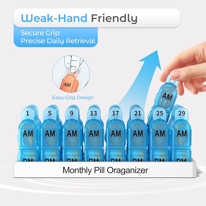 Monthly AM/PM Pill Organizer - Color & Number-Coded 30/31-Day Pill Box with Secure Lids, BPA-Free & Travel-Friendly Design | Large Compartments for Vitamins, Supplements, Medications（Blue
