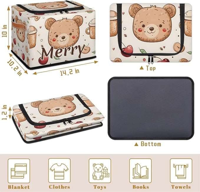 Custom Cute Bear Storage-Bin With Zipper Lid for Kids-Girls-Boys-Baby-Pet,Personalized Name Foldable Storage Box with Handle,Baby Basket With Label for Bedroom Nursery Toy Clothes,Light Yellow