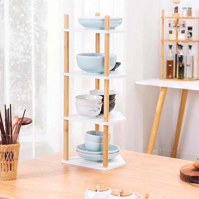 4-Tier Bamboo Corner Shelf,Kitchen Countertop Organizer,Corner Countertop Organizer Shelf, Coffee Bar Organizer,Coffee Bar Accessories,for Kitchen, Pantry, Organizers and Storage,White