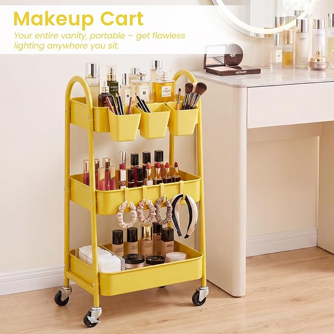 danpinera 3-Tier Rolling Cart, Utility Cart Mobile Metal Rolling Storage Cart with Lockable Wheels & Hanging Cups & Hooks for Kitchen, Bathroom, Office, Workshop, Yellow