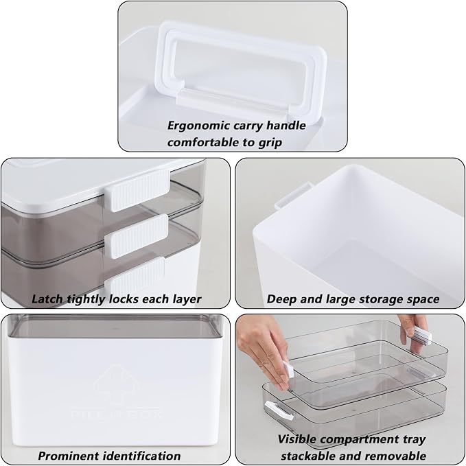 Begale 3-Tier Large Portable Medicine Cabinet Organizer with Handle, White | Plastic, First Aid Box, bpa free, ideal for home bathroom, travel, camping