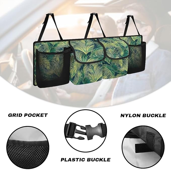 Dreaweet Trunk Organizer for Car Women Green Palm Leaf Print Trunk Organizers for SUV with 4 Pockets Collapsible Trunk Storage Organizer Backseat Hanging Car Organizer for Sedan Truck Van