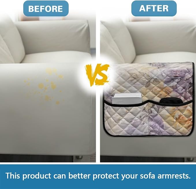 Butterfly Floral Stretch Couch Arm Covers with 2 Pockets Breathable Armrest Covers Chairs Arm Cover Easy to Clean, Scratch-Resistant Sofa Arm Protector Home Furniture Decor Cover