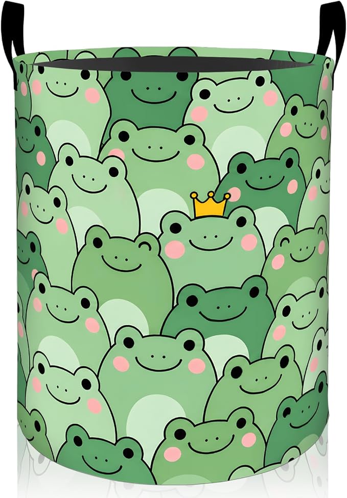 Cartoon Frog Laundry Basket, Adorable Frogs Face Foldable Oxford Cloth, Waterproof Dirty Clothes Hamper with Handles, Clothing Storage Bin Toy Organizer for Bedroom Dorm Bathroom, 19.7"x15.7"