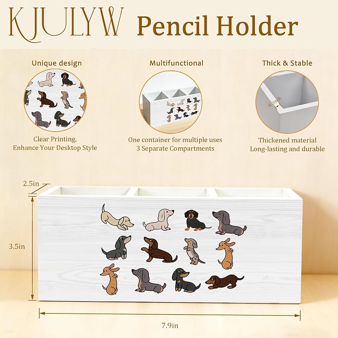 Dachshund Pen Holder for Desk, Weiner Dog Gifts for Women Men, Dachshund Lovers Gifts Wooden Box Pencil Pen Holder Organizer for Home Office Desk Accessories
