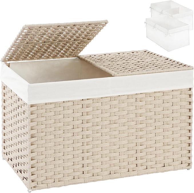 SETVSON Storage Basket with Lid 160L Wicker Baskets Storage Light Khaki | Divided Clothes Organizer,42.3 Gallon Dual Lid Jumbo Blanket Storage Trunk, 2 Washable Liner Bags, Collapsible PE Rattan Bin