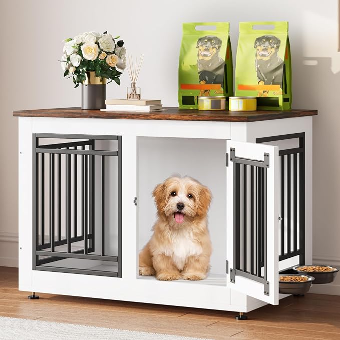 YITAHOME 28" Dog Crate Furniture, Wooden Side End Table with Adjustable Feet and Removable Bowls, Dog Kennel Indoor for Small Dogs | Wooden Side End Table, Dog Kennel Indoor for Small Dogs