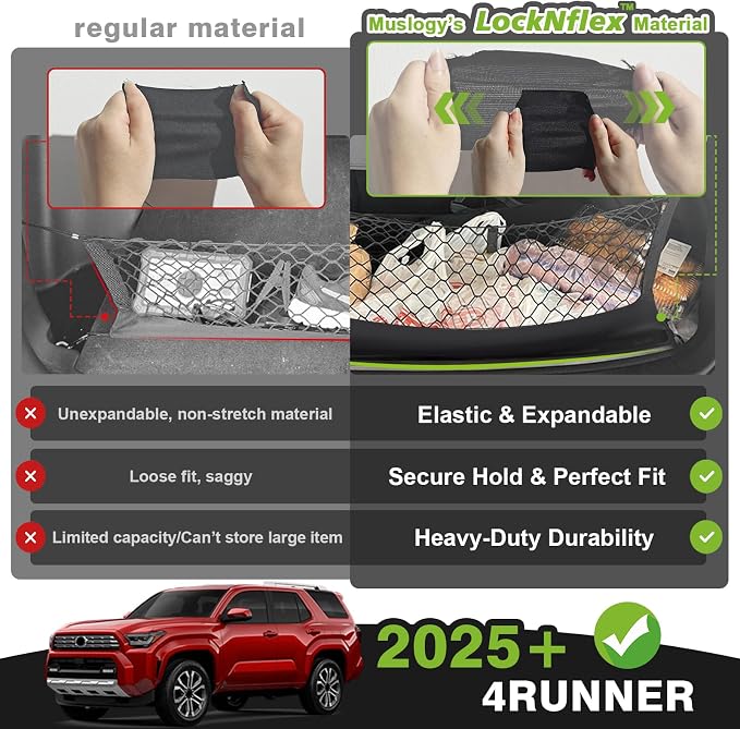 Muslogy Cargo Net for 2025 2026 Toyota 4Runner Accessories | Custom Fit, Trunk Storage Organizer Net for SUV Sedan Van Divider, with Heavy Duty Carabiners, Night Visible Grab Handle