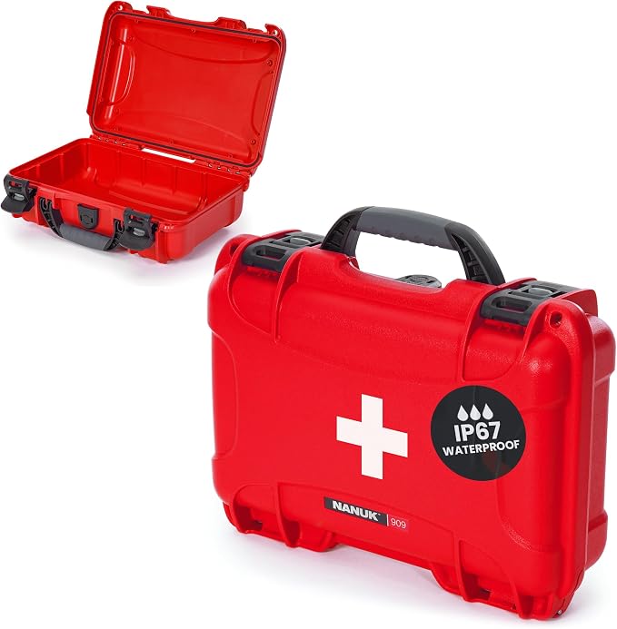 NANUK 909 Waterproof First Aid Box Empty – Durable, Medical First Aid Organizer Case, IP67-Rated, Dustproof, Impact-Resistant, and Floats (11.4" x 7.0" x 3.7") – Red | Floats (11.4' x 7.0' x 3.7'), Medical Organizer Case, IP67-Rated