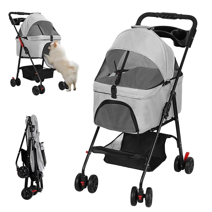 4 Wheel Foldable Pet Stroller – Removable Carrier for Dog Cat, Breathable Mesh Canopy, Storage & Cup Holder, Lightweight Pet Cart Holds 17.6 lbs for Walks Travel Light Grey