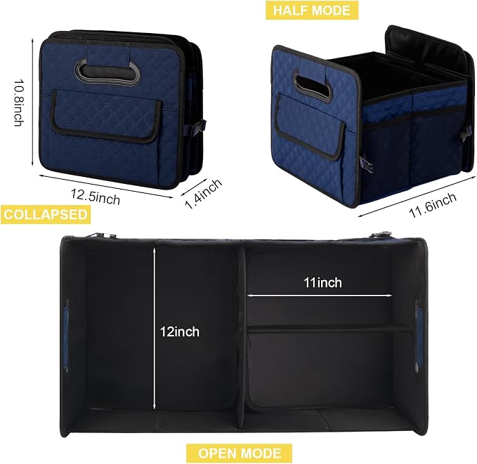 Car Trunk Organizer for SUV, Collapsible Car Storage Organizer Dark Blue | Sturdy, Large Capacity, Diamond Decor, Multi Compartment Container Box Adjustable Car Accessories for Sedan Truck