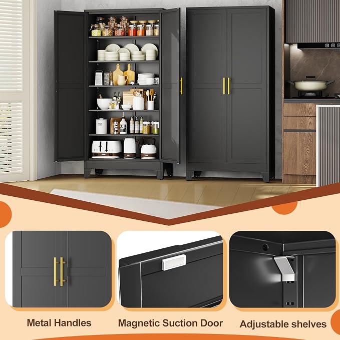 Black Metal Storage Cabinet,75" Steel Cabinets for Home Office | Kitchen Pantry Storage Cabinet with Doors and 5 Adjustable Shelves, Tool Cabinets, for Office, Home, Garage, School, 36W