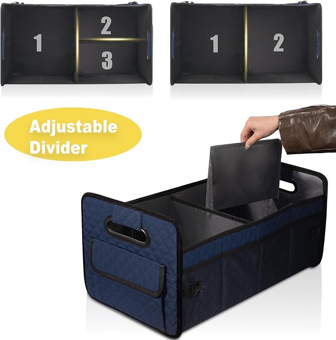 Car Trunk Organizer for SUV, Collapsible Car Storage Organizer Dark Blue | Sturdy, Large Capacity, Diamond Decor, Multi Compartment Container Box Adjustable Car Accessories for Sedan Truck