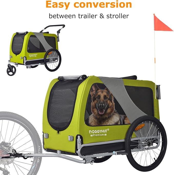 DOGGYHUT® Premium XL Pet Bike Trailer & Stroller Up to 100 lbs (Lime Green) | Bicycle Trailer for Small Medium or Large Dogs, Dog Bicycle Carrier, Low Center of Gravity, Folding Frame Cart