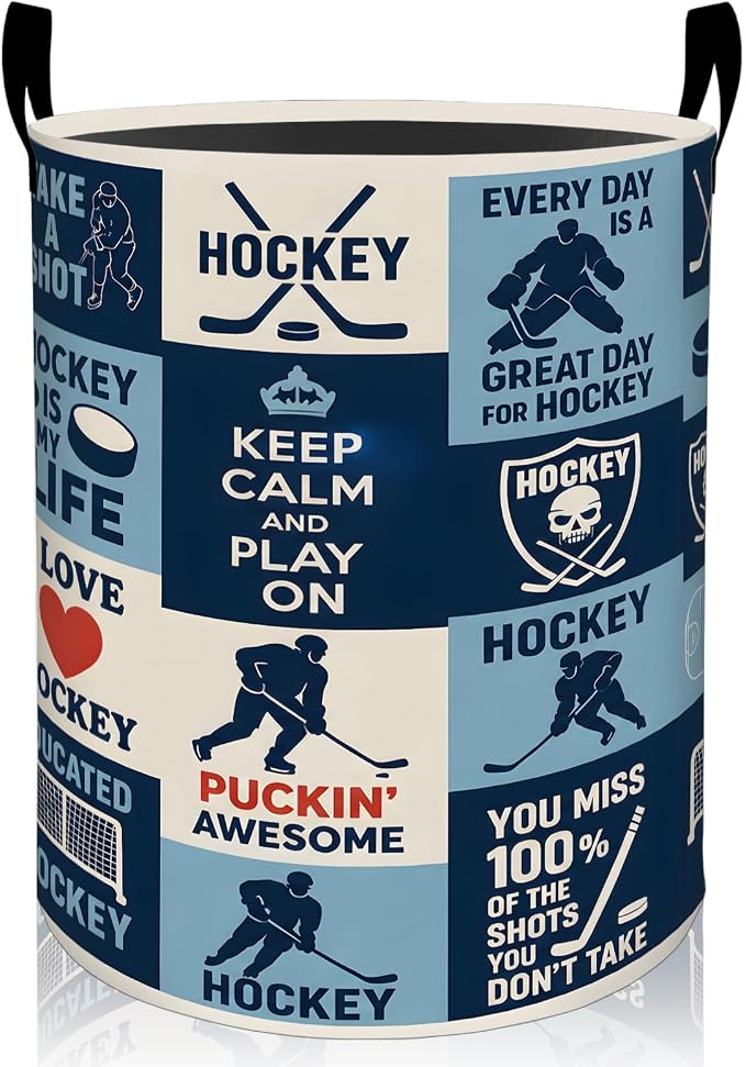 Hockey Sport Laundry Basket, Player Stick Puck Oxford Cloth Dirty Clothes Collapsible Hamper for Room Decor, Athletic Gifts, Toy Organizer 19.7 x 15.7 Inches for Bedroom Bathroom Dorm
