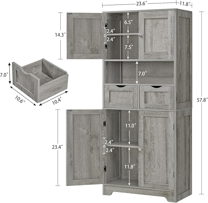 TEENFON 57.8" H Tall Storage Cabinet with 2 Drawers & 2 Adjustable Shelves, Bathroom Storage Cabinet with 4 Doors, Floor Cupboard, for Living Room, Dining Room, Entryway, Woodgrain Gray