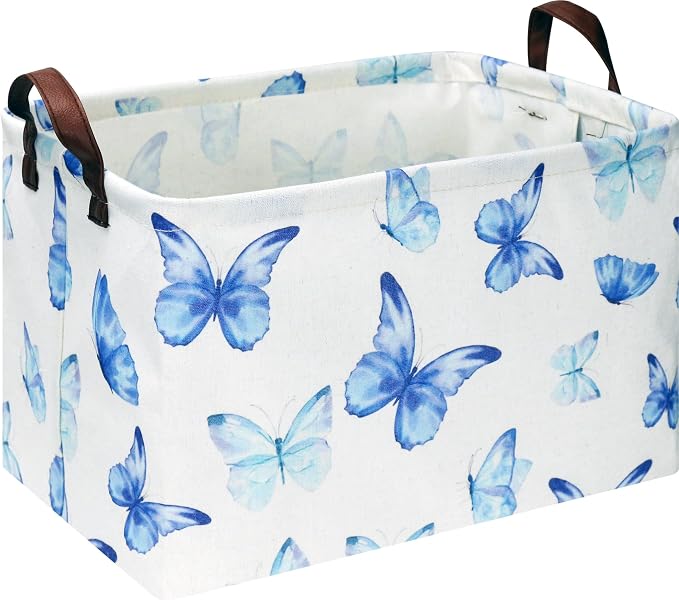 NTAOHAMPER Rectangular Blue Butterfly Storage Basket,baptism basket for favors,Collapsible Gift Basket with Handles,Kids Toys/Books Box(Blue Butterfly)
