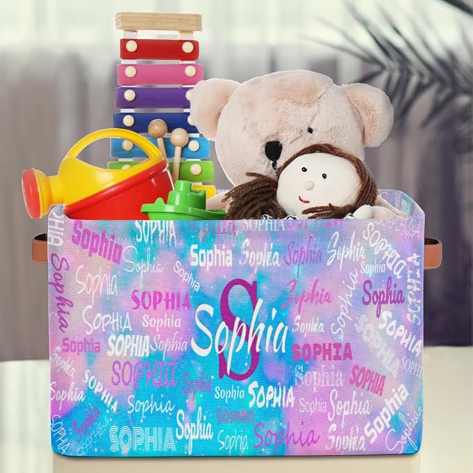 Personalized Storage Bins, Customized Name Storage Basket Rectangle Clothes Organizer for Organizing Kids and Pets Toys Shelf Closet, Blue Pink Galaxy Watercolor