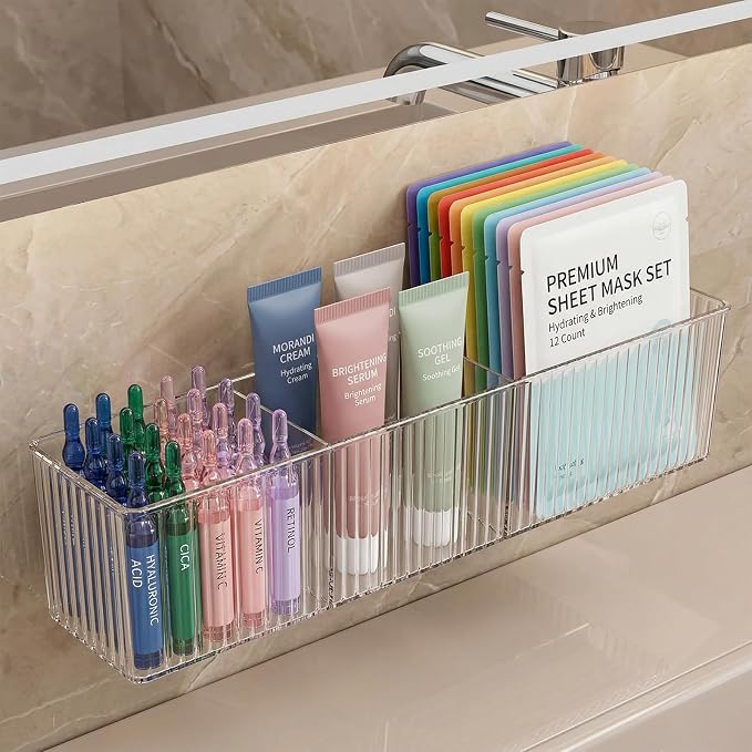 Osuke 2 Pack Clear Shower Caddy & Bathroom Counter Organizer, Slim 2.3" Adhesive Wall Mount Shower Shelves with 3 Compartments, Fluted Bathroom Organizers and Storage for Skincare
