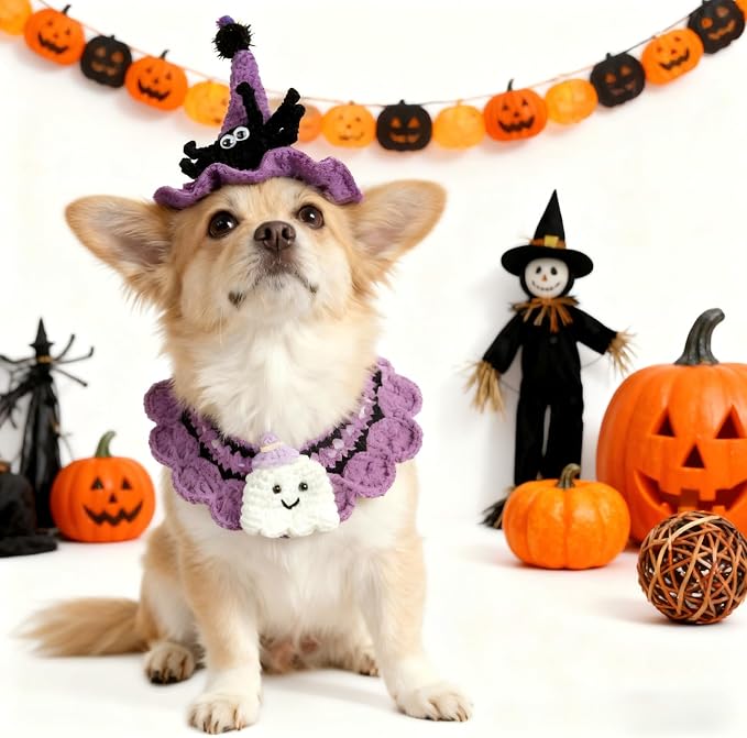 Halloween Cat Costume & Dog Outfit – Handmade Purple Witch Hat & Cute Ghost Cat Clothes, Adjustable Pet Outfit for Rabbits,Cats &Small Dogs, Lightweight & Breathable, Festive Pet Accessories