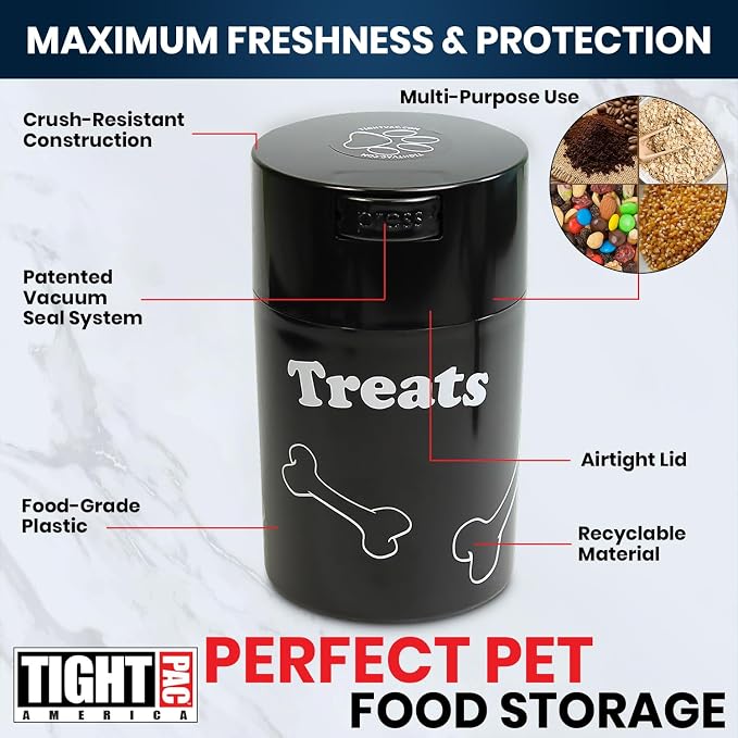 Tightpac Pawvac 1 to 6 Ounces Container, Airtight Pet Food and Treats Storage Jar - Patented Vacuum Seal Container for Pet Food, Treats and other Dry Goods - Black with Treats
