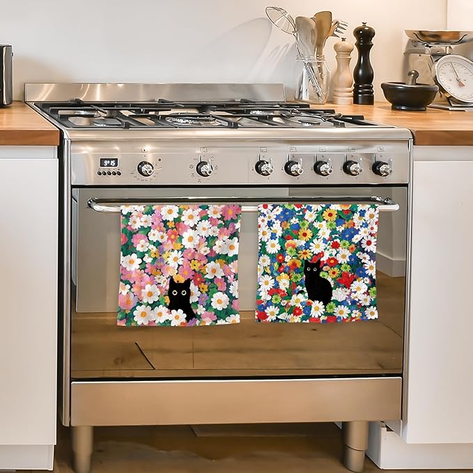 Black Cat Floral Kitchen Towels Set of 2, Cute Cat Dish Towels for Kitchen Drying, Soft Absorbent Microfiber Dish Towels, Spring Cats Kitchen Dish Towels for Cooking, Home, Housewarming Gifts