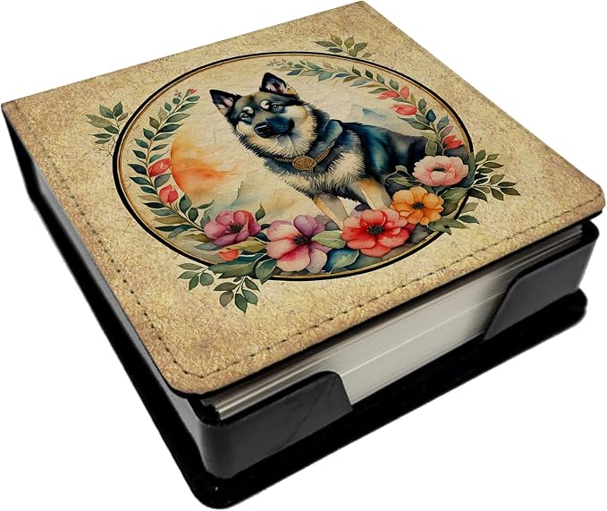 Caroline's Treasures Norwegian Elkhound and Flowers PU Leather Note Paper Holder with Artist-Designed Cover, Desk Accessory, Office Gift