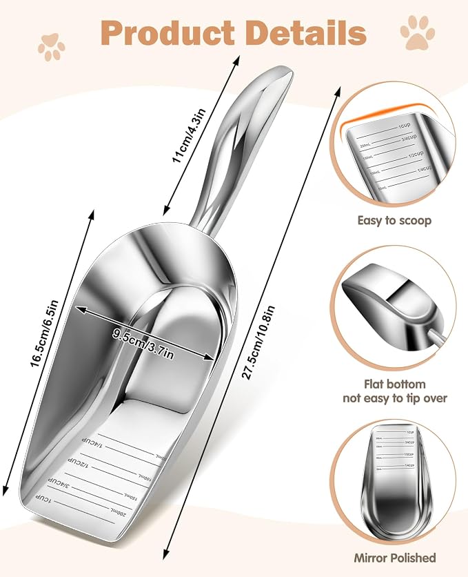 Stainless Steel Dog Food Scoop 1 Cup, Metal Pet Food Scoop With Measuring Lines (Cup/Ml), Dog Food Measuring Scoop For Dogs, Cats, And Kitchen Use, Dishwasher Safe