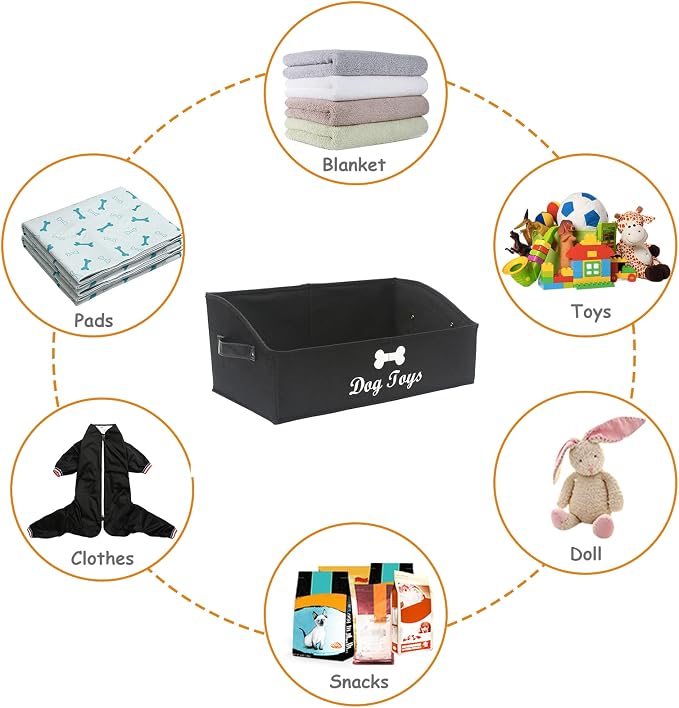 Geyecete Dog Toy Basket Large Dog Toy bin Dog Toy Box Storage Box - Foldable Fabric Trapezoid Organizer Boxes with Handle, Collapsible Basket for Dog Toys (Black-Dog)