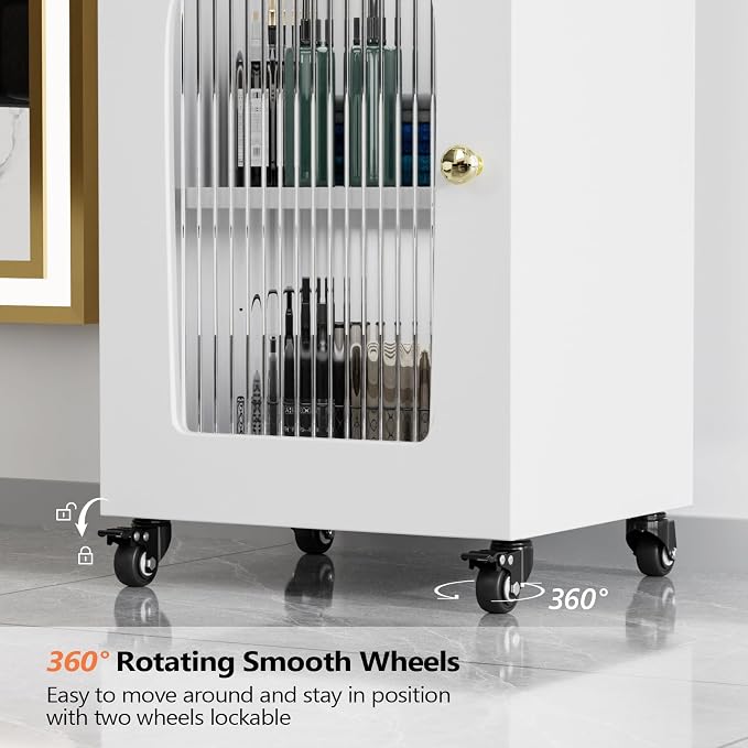Salon Cart with Wheels, 3 Tier Rolling Beauty Trolley for Hair Stylist, Barber, Esthetician, Storage Cabinet w/Glass Door & Dryer Holder & Adjustable Shelf, Mobile Station for Spa,Tattoo (White)